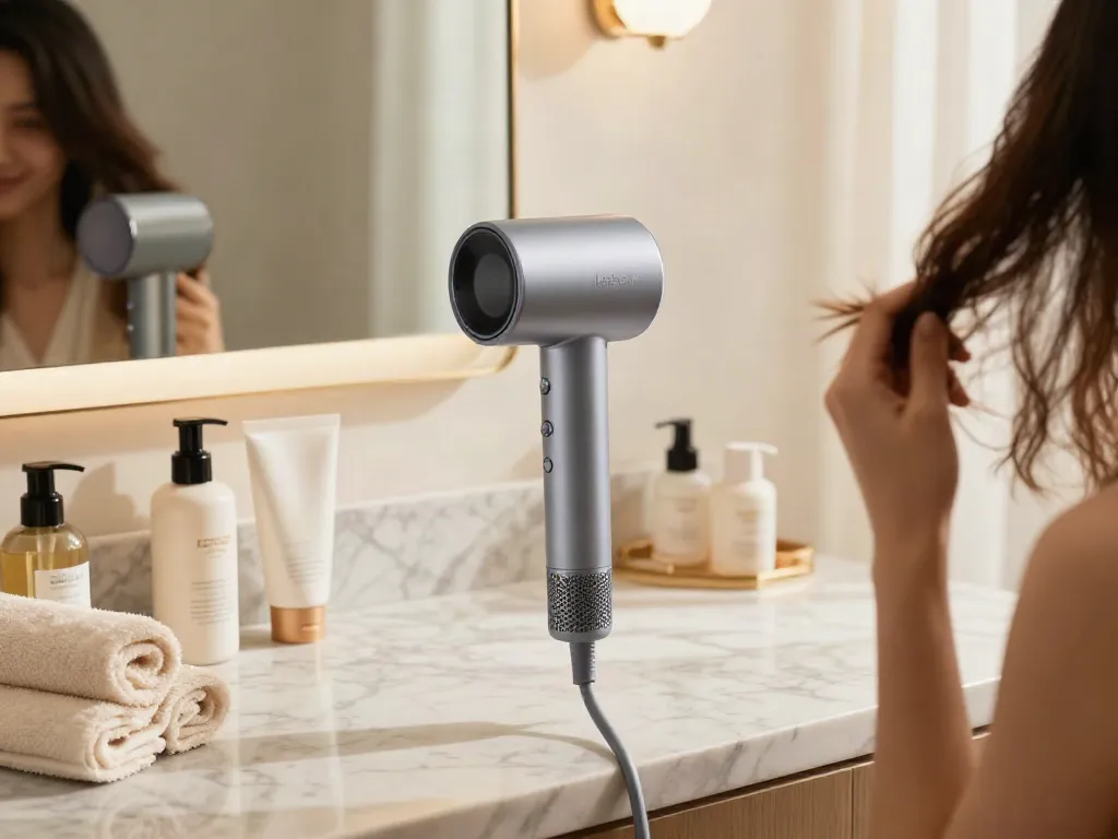 Haartrockner schonend für Haare: Laifen Air Pro in stilvollem Badezimmer mit Pflegeprodukten und entspannender Atmosphäre.